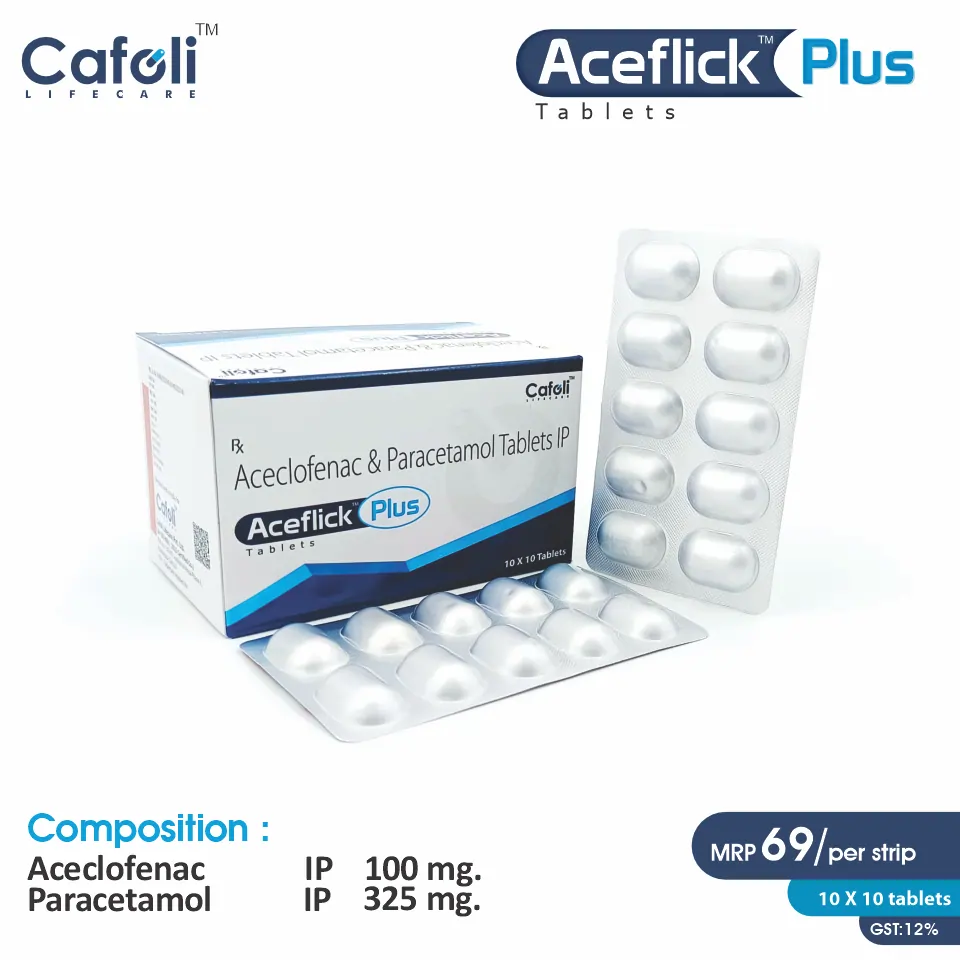 Aceclofenac I.P. 100mg + Paracetamol I.P. 325mg Tablet at best price in PCD Pharma Franchise for Pain Relief.